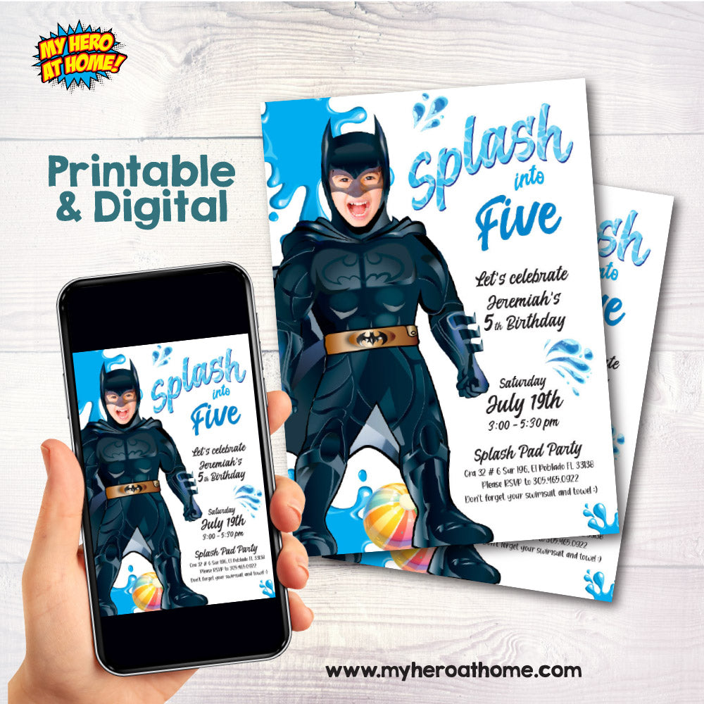 Customizable Batman Splash Pad Party Invitation with your photo, Batman Splash template, Justice League Splash party. 2296