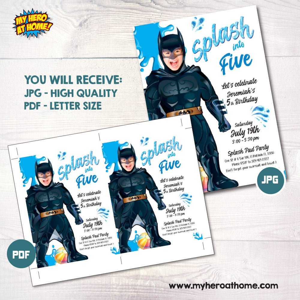 Customizable Batman Splash Pad Party Invitation with your photo, Batman Splash template, Justice League Splash party. 2296
