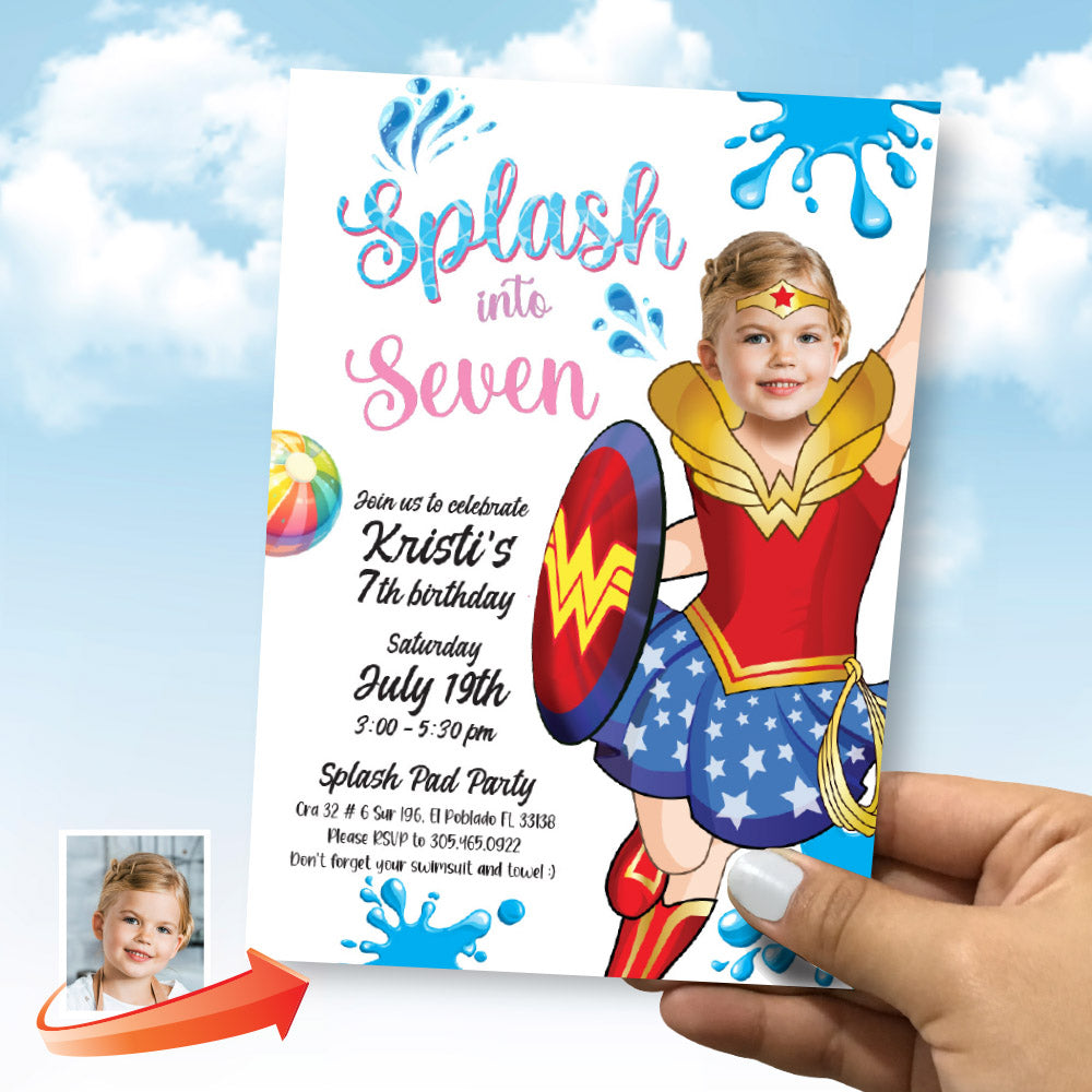 Wonder Girl Splash birthday Party Invitation with girl as Wonder Woman, Wonder Girl pool party template. 2300