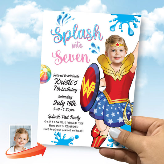 Wonder Girl Splash birthday Party Invitation with girl as Wonder Woman, Wonder Girl pool party template. 2300