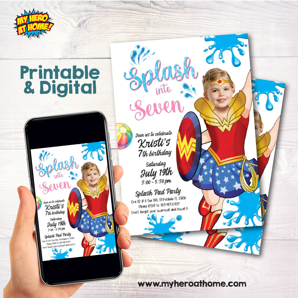 Wonder Girl Splash birthday Party Invitation with girl as Wonder Woman, Wonder Girl pool party template. 2300