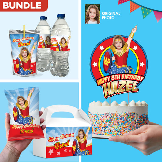 Bundle Wonder Girl Party table, Custom Cake Topper, matching snacks labels, Chip bags and Candy Gable box. 2303B1