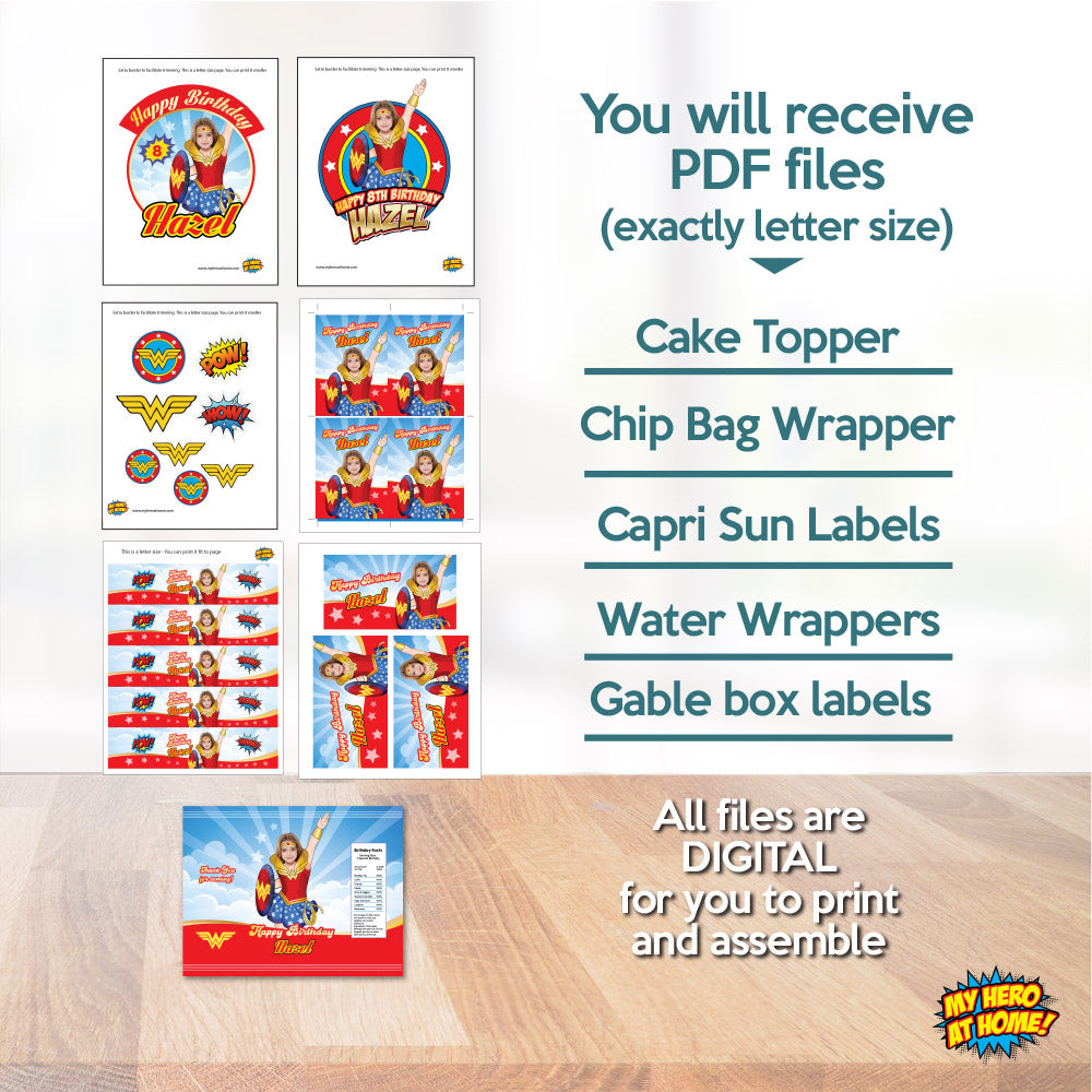Bundle Wonder Girl Party table, Custom Cake Topper, matching snacks labels, Chip bags and Candy Gable box. 2303B1