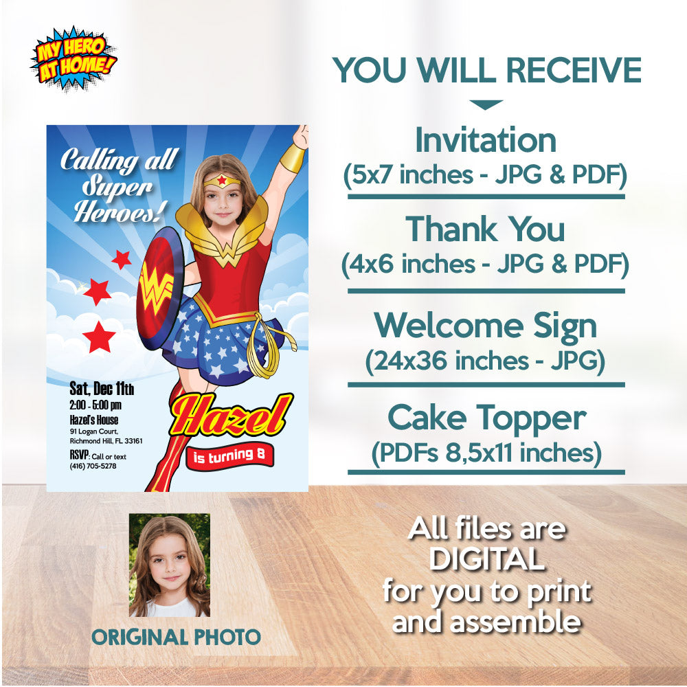 Bundle Wonder Girl Birthday matching Invitation and Thank you, printable Cake Topper and Welcome Sign. 2303B2