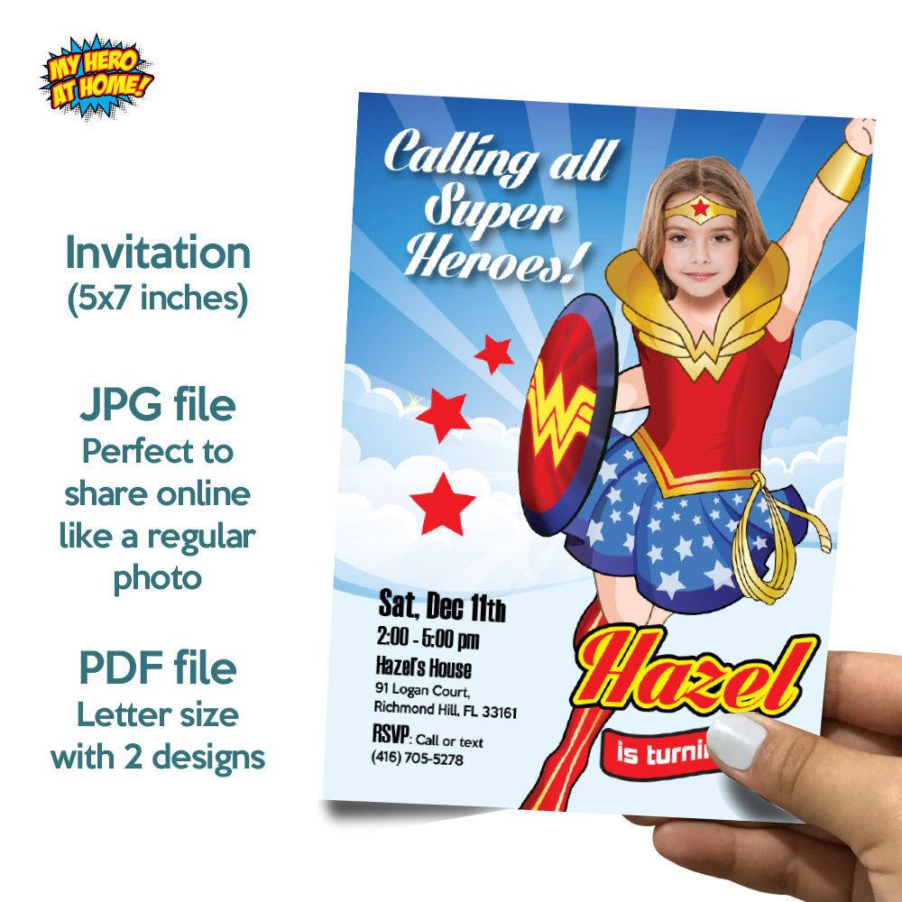Bundle Wonder Girl Birthday matching Invitation and Thank you, printable Cake Topper and Welcome Sign. 2303B2