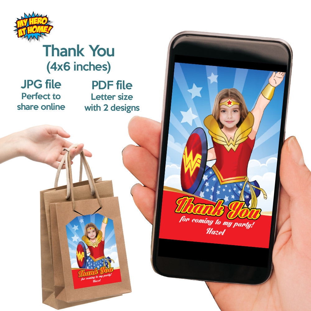 Bundle Wonder Girl Birthday matching Invitation and Thank you, printable Cake Topper and Welcome Sign. 2303B2