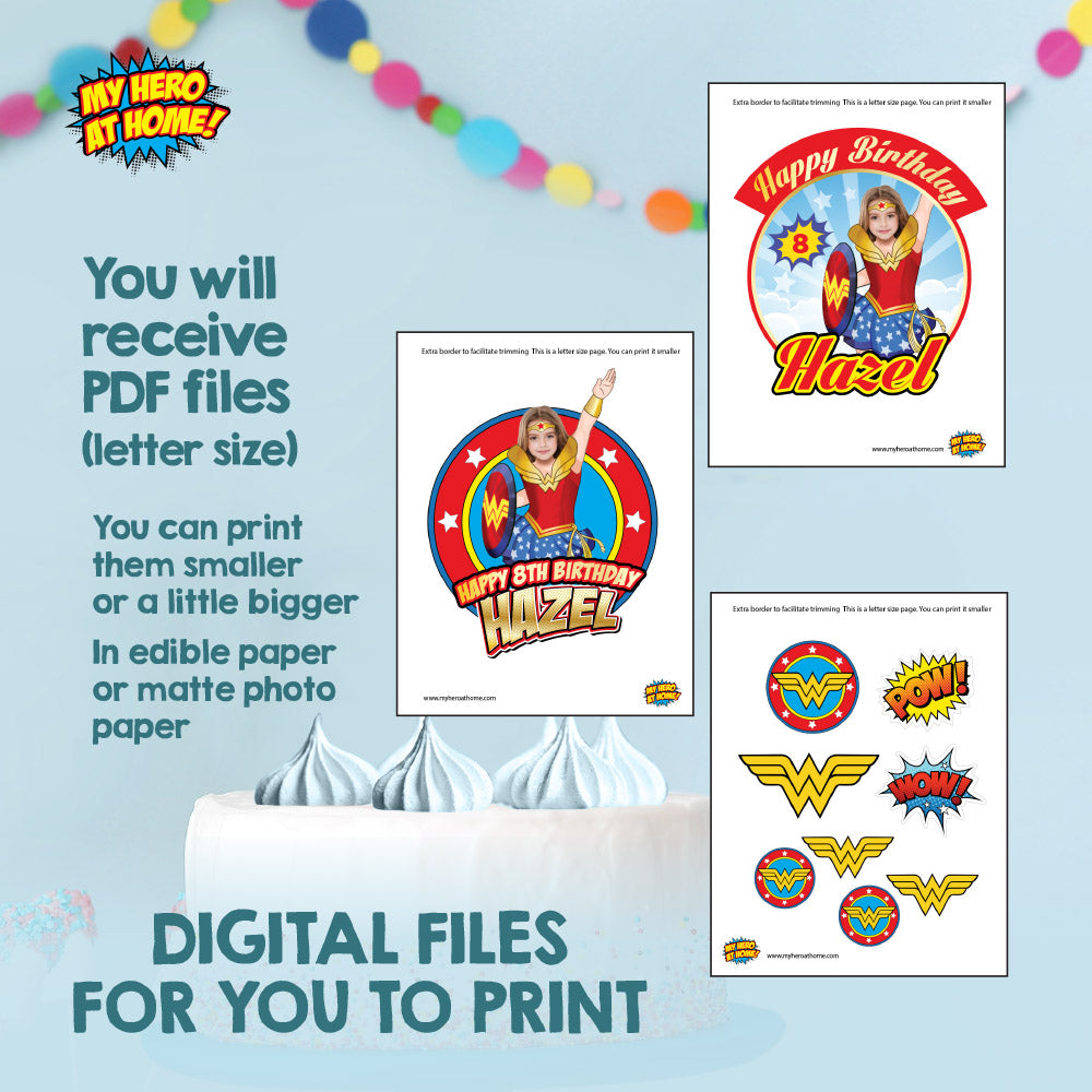 Bundle Wonder Girl Birthday matching Invitation and Thank you, printable Cake Topper and Welcome Sign. 2303B2