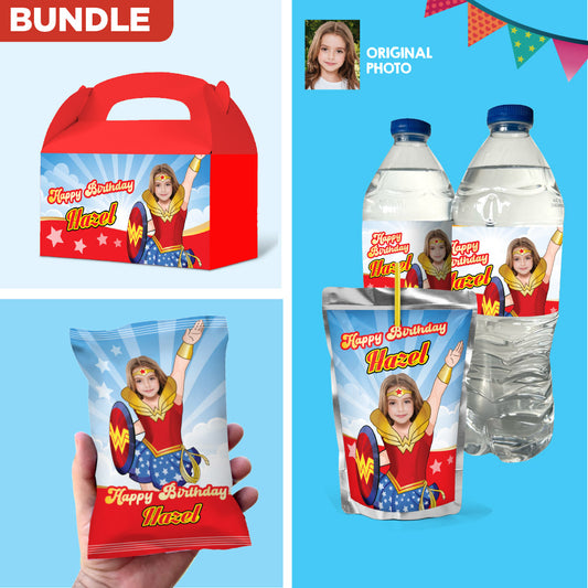 Bundle Wonder Girl snacks labels, water wrappers and Juice pouch, Chip bags, gable box labels. 2303B3