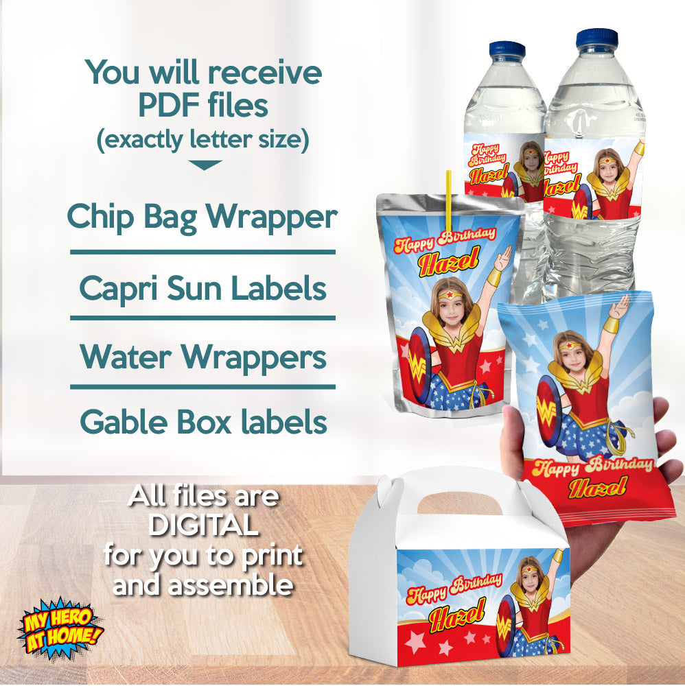 Bundle Wonder Girl snacks labels, water wrappers and Juice pouch, Chip bags, gable box labels. 2303B3