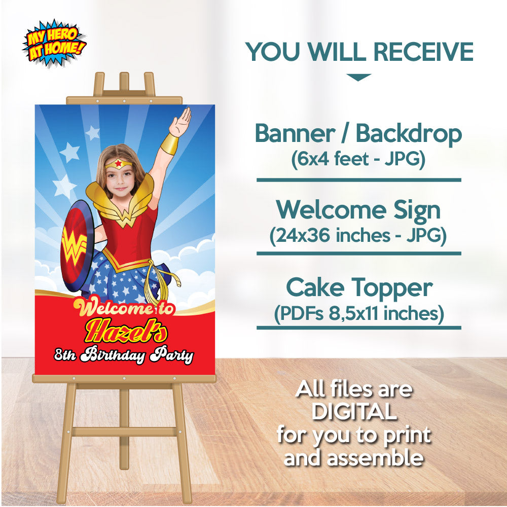Bundle Wonder Girl Party decoration with girl as Wonder Woman, Banner Backdrop, Cake Topper, Welcome Sign. 2303B4