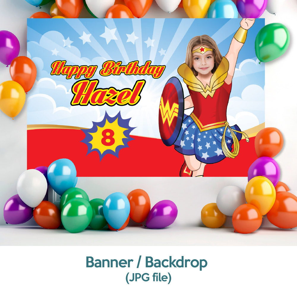 Bundle Wonder Girl Party decoration with girl as Wonder Woman, Banner Backdrop, Cake Topper, Welcome Sign. 2303B4