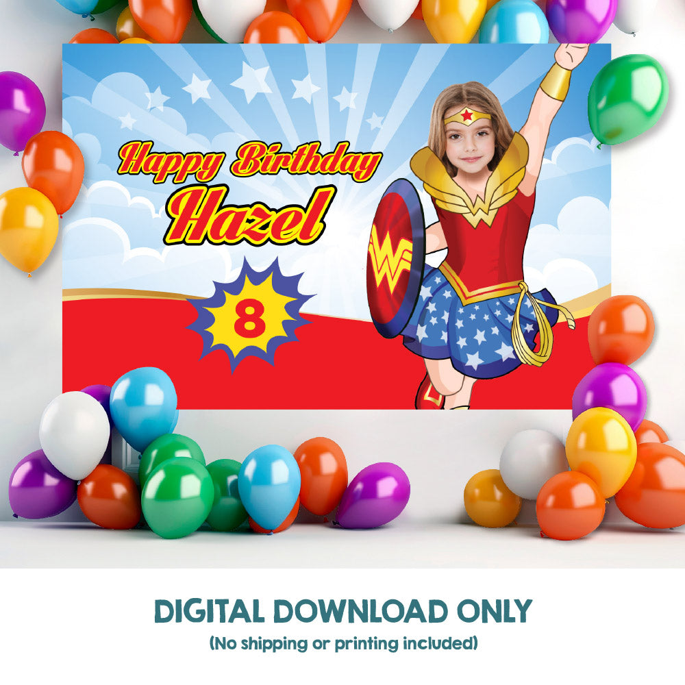 Wonder Girl Banner with photo, Custom Wonder Woman Birthday Backdrop, Wonder Girl Backdrop party decor. 2303BB