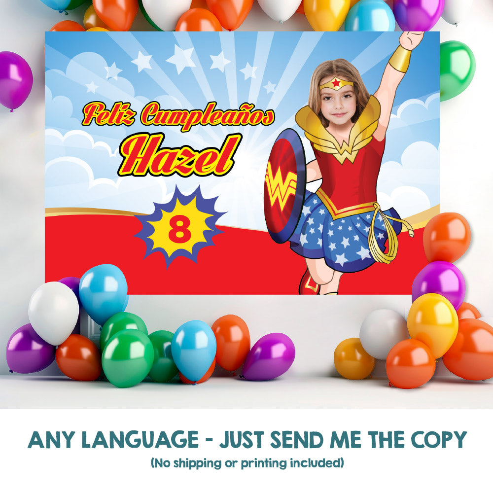 Wonder Girl Banner with photo, Custom Wonder Woman Birthday Backdrop, Wonder Girl Backdrop party decor. 2303BB