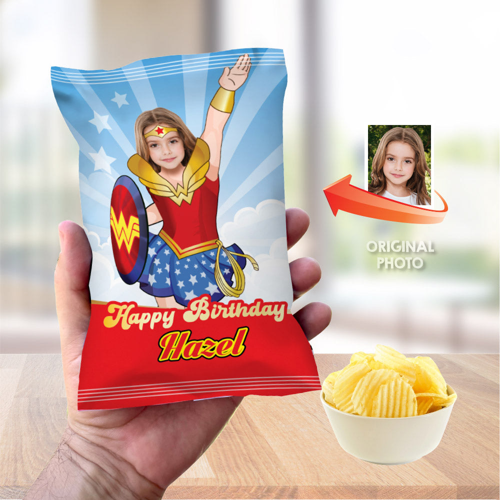 Wonder Girl chip bags party favors, Wonder Woman Chip Bag Wrapper, Custom Wonder Woman snack Bag label. 2303CB