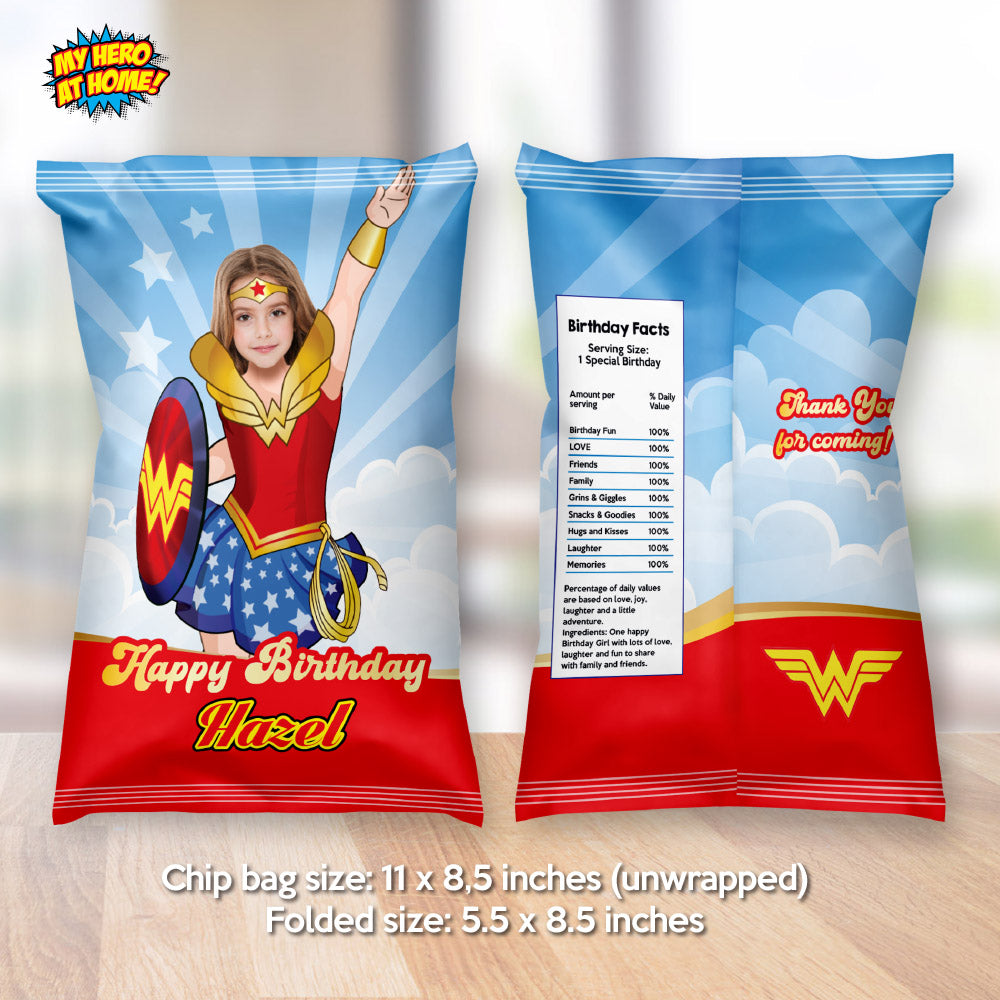 Wonder Girl chip bags party favors, Wonder Woman Chip Bag Wrapper, Custom Wonder Woman snack Bag label. 2303CB