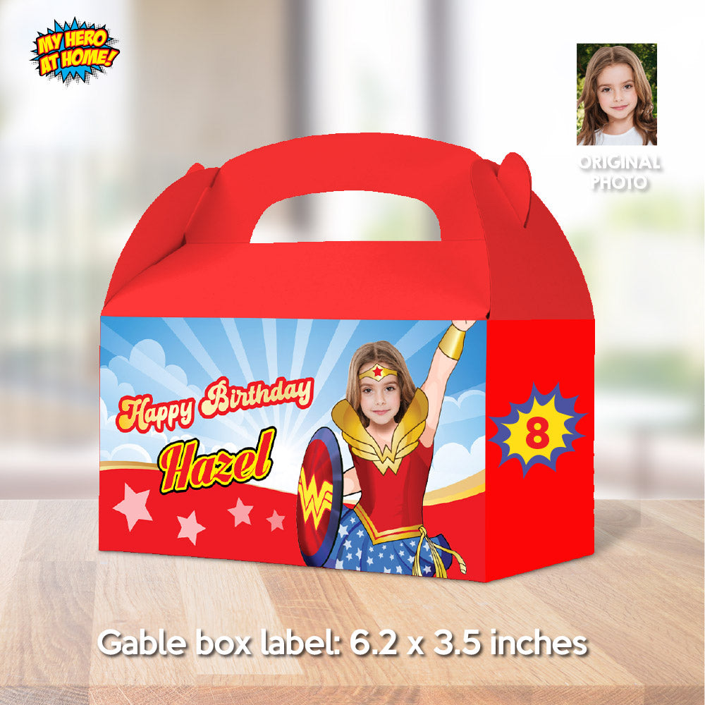 Personalized Wonder Girl Gable Box label, Wonder Girl Gift Box with photo, Wonder Woman Candy Box Party favors. 2303GB
