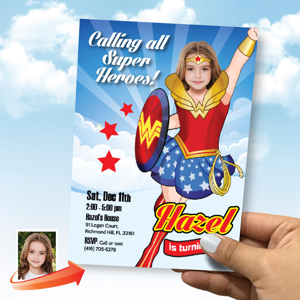 Wonder Girl party invitation with girl as Wonder Woman, Custom Wonder Woman photo invite, Wonder Girl template. 2303IN