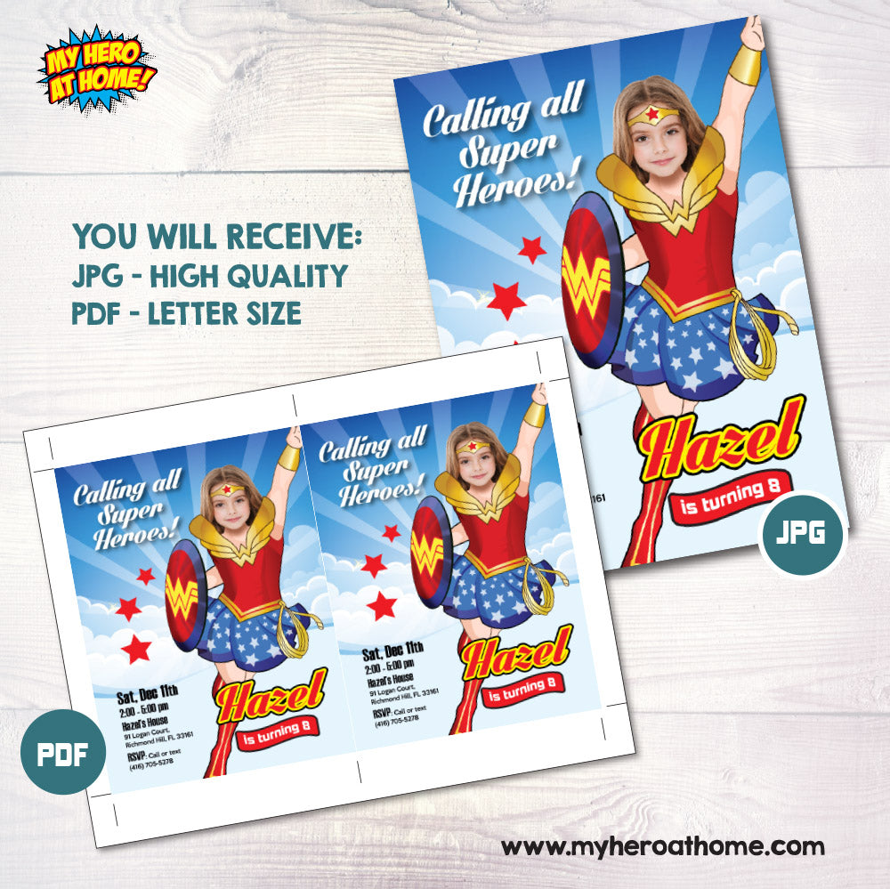 Wonder Girl party invitation with girl as Wonder Woman, Custom Wonder Woman photo invite, Wonder Girl template. 2303IN