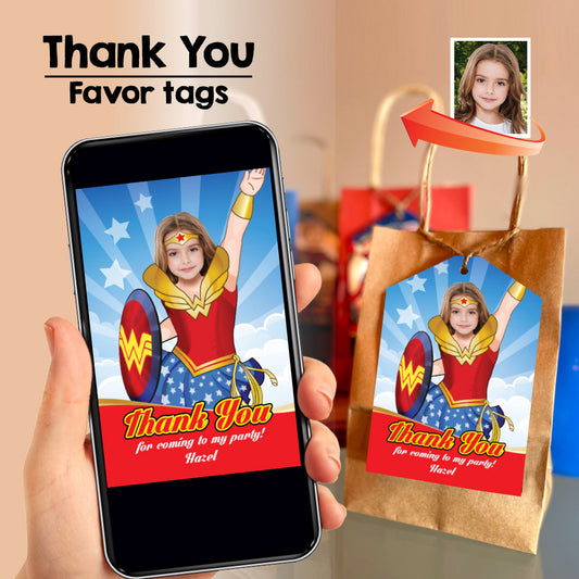 Wonder Girl Thank you card, Wonder Girl Favor tags, Personalized Wonder Girl party favors tags. 2303TY