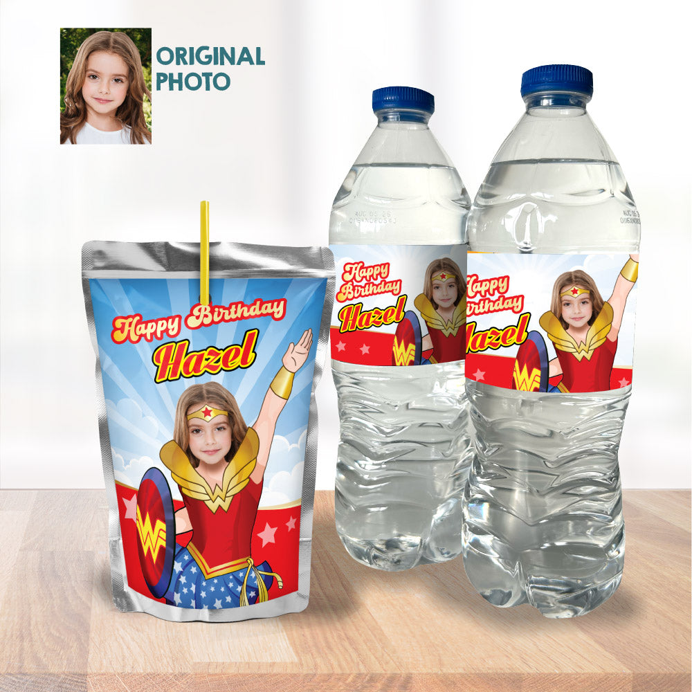 Bundle Wonder Girl Party table, Custom Cake Topper, matching snacks labels, Chip bags and Candy Gable box. 2303B1