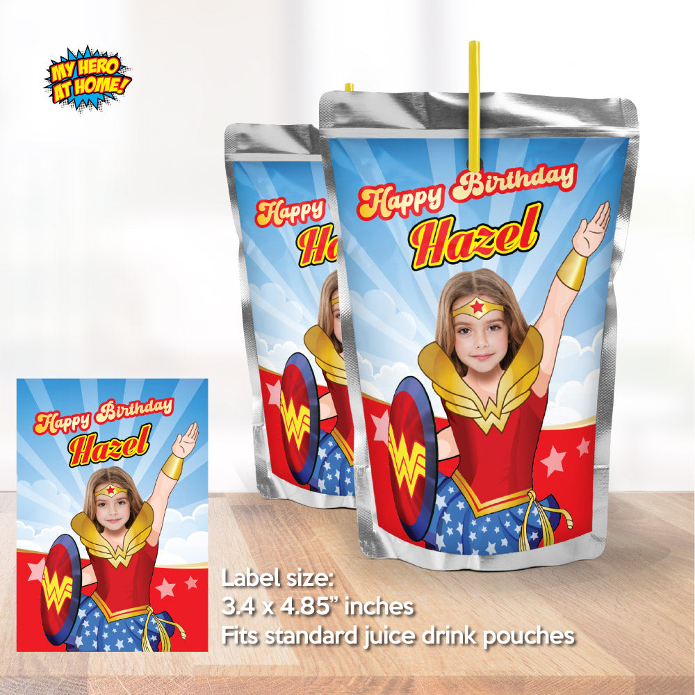 Wonder Girl water wrappers, Wonder girl water labels, Wonder Girl party juice labels, Wonder Woman Capri sun labels. 2303WJ