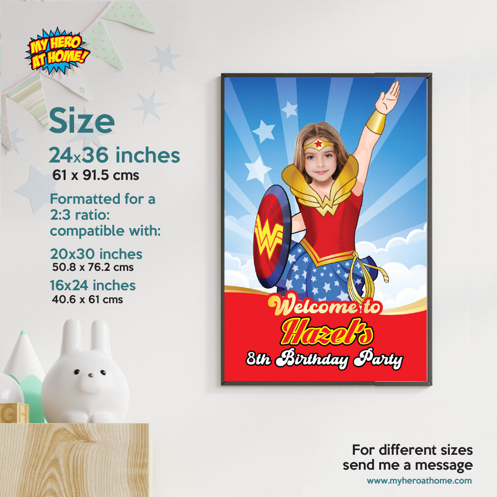 Wonder Girl Welcome sign with photo, Wonder Girl welcome party, Wonder Woman Party Entrance with girl as Wonder Girl. 2303WS