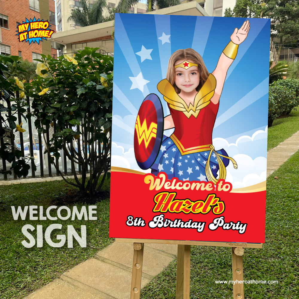 Wonder Girl Welcome sign with photo, Wonder Girl welcome party, Wonder Woman Party Entrance with girl as Wonder Girl. 2303WS