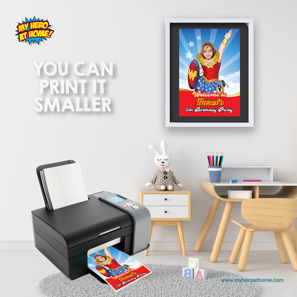 Wonder Girl Welcome sign with photo, Wonder Girl welcome party, Wonder Woman Party Entrance with girl as Wonder Girl. 2303WS