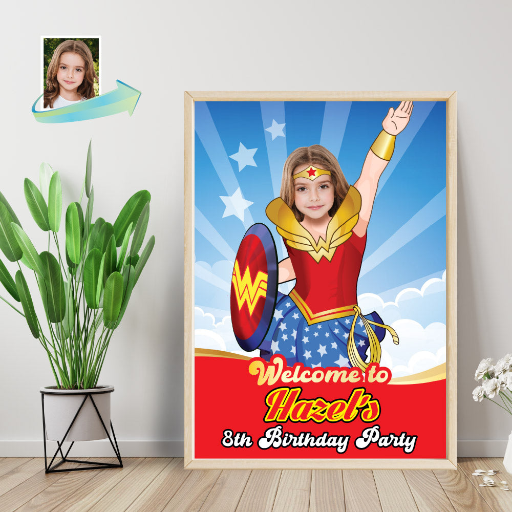Wonder Girl Welcome sign with photo, Wonder Girl welcome party, Wonder Woman Party Entrance with girl as Wonder Girl. 2303WS
