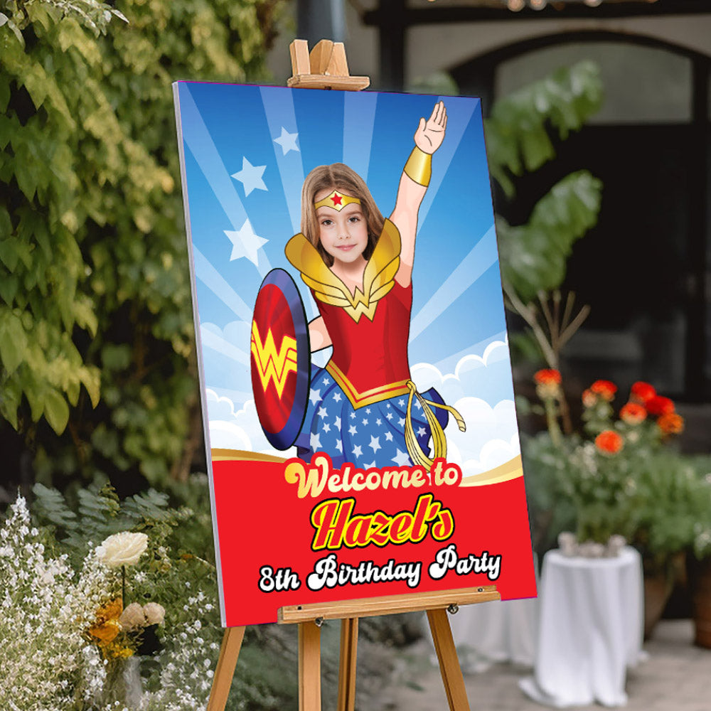 Wonder Girl Welcome sign with photo, Wonder Girl welcome party, Wonder Woman Party Entrance with girl as Wonder Girl. 2303WS