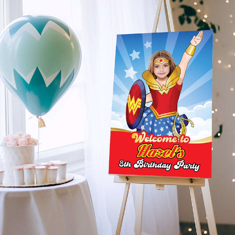 Wonder Girl Welcome sign with photo, Wonder Girl welcome party, Wonder Woman Party Entrance with girl as Wonder Girl. 2303WS