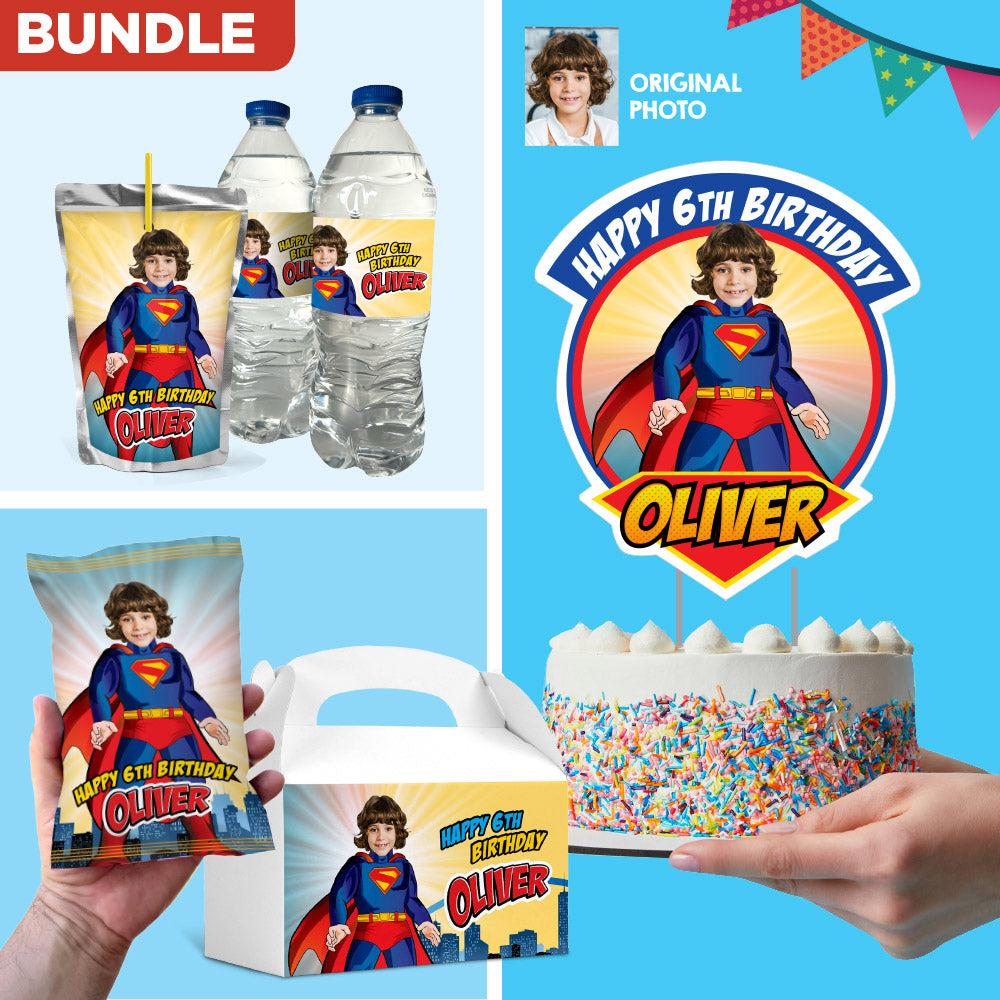 Bundle Superman Party table matching items, Superman Cake Topper, snacks labels, Chip bags, Gable box. 2308B1