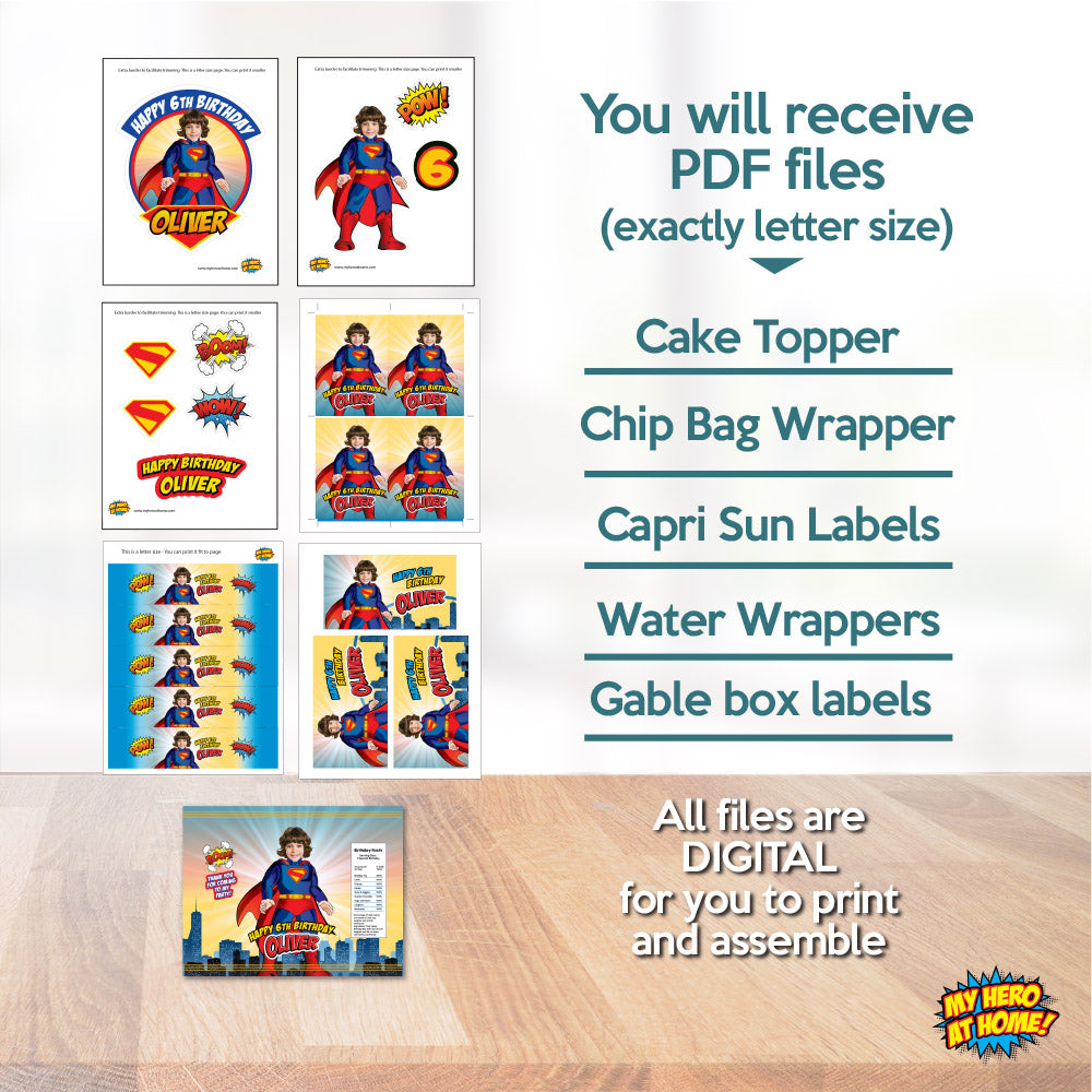 Bundle Superman Party table matching items, Superman Cake Topper, snacks labels, Chip bags, Gable box. 2308B1