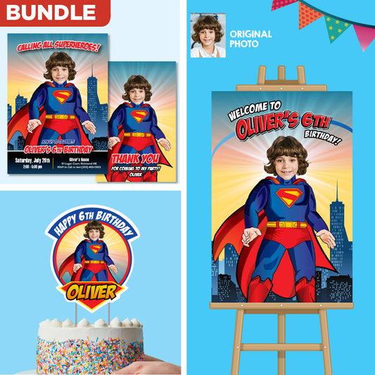 Bundle Superman Birthday themed matching items, Invitation and Thank you, Cake Topper and Welcome Sign. 2308B2