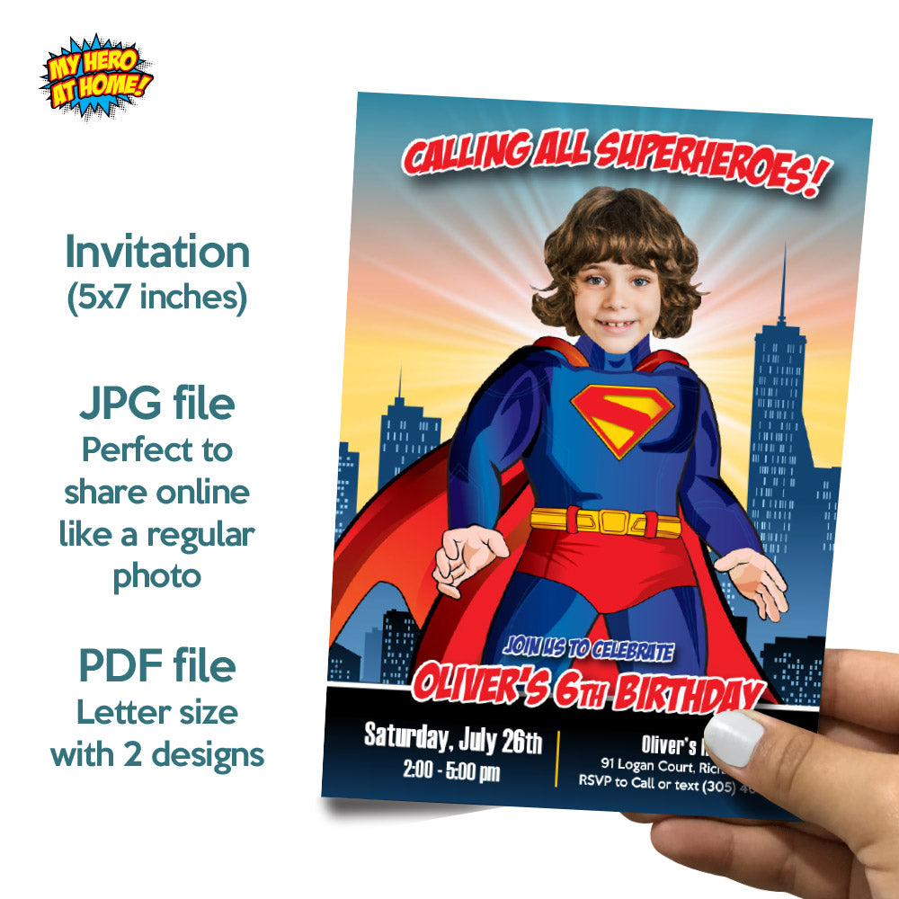 Bundle Superman Birthday themed matching items, Invitation and Thank you, Cake Topper and Welcome Sign. 2308B2