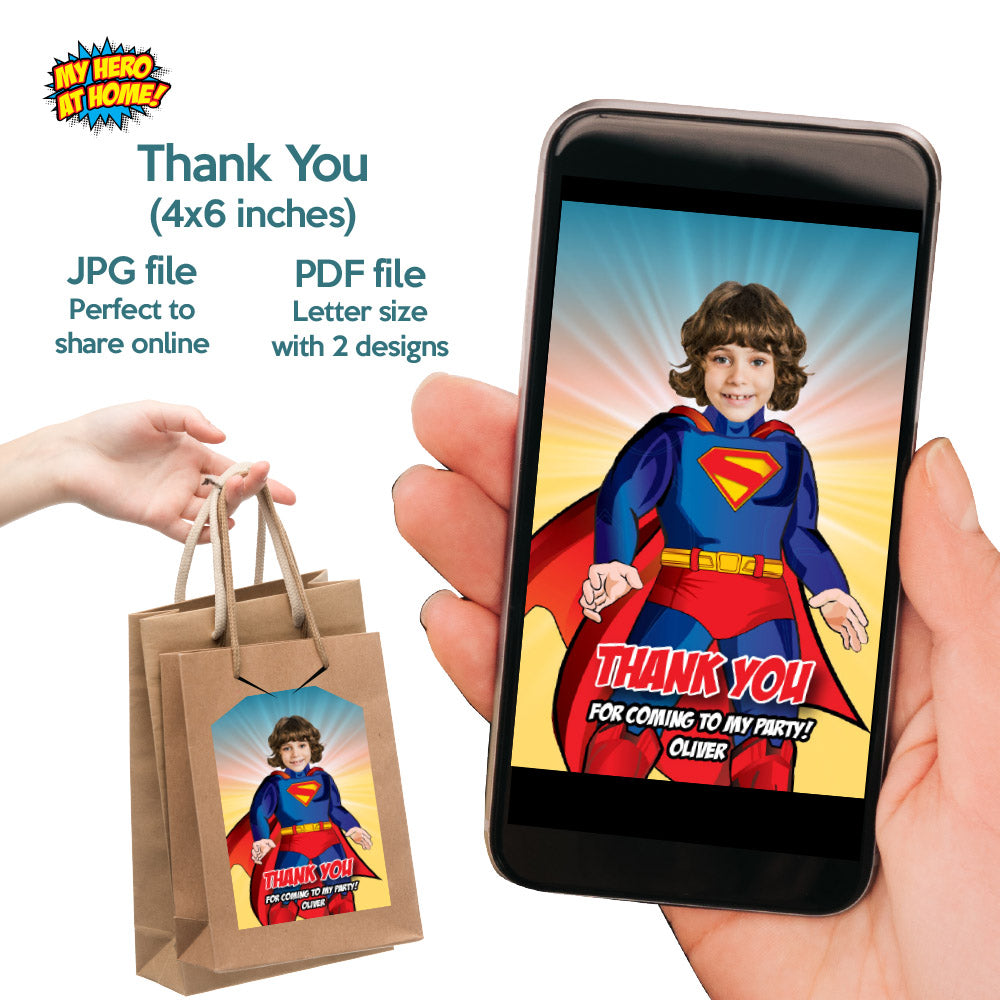 Bundle Superman Birthday themed matching items, Invitation and Thank you, Cake Topper and Welcome Sign. 2308B2