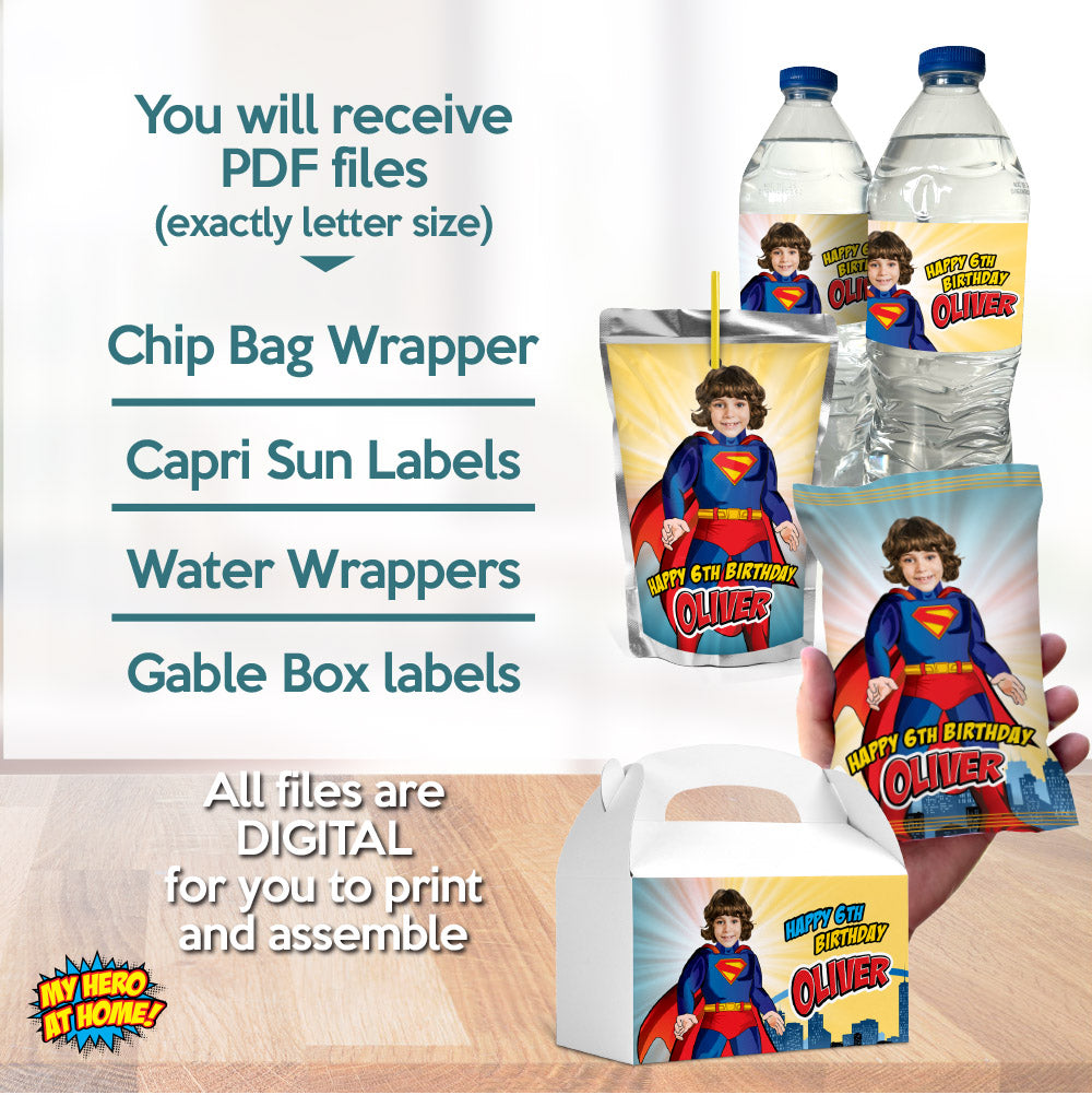 Bundle Superman Party snacks labels with your kid as Superman. 2308B3