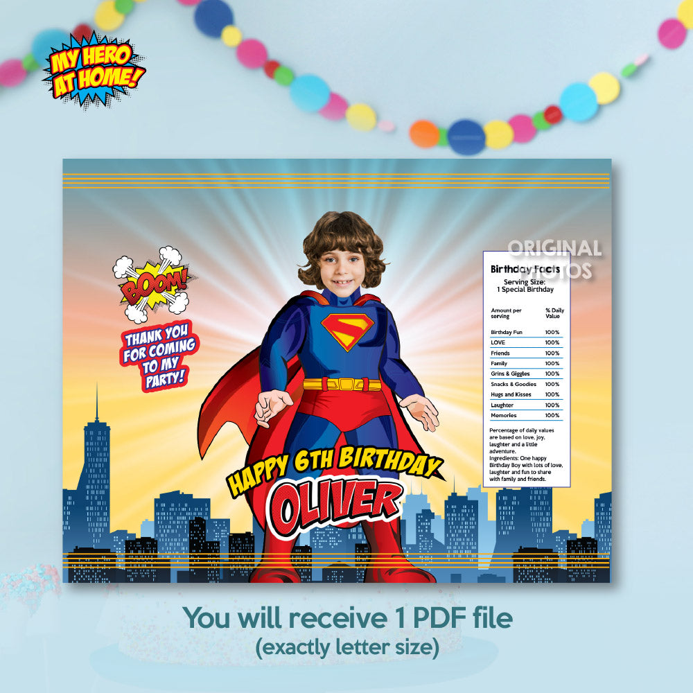 Bundle Superman Party snacks labels with your kid as Superman. 2308B3