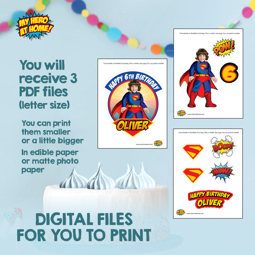 Bundle Superman Party table matching items, Superman Cake Topper, snacks labels, Chip bags, Gable box. 2308B1