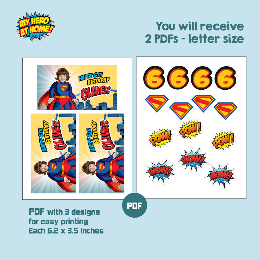 Bundle Superman Party snacks labels with your kid as Superman. 2308B3