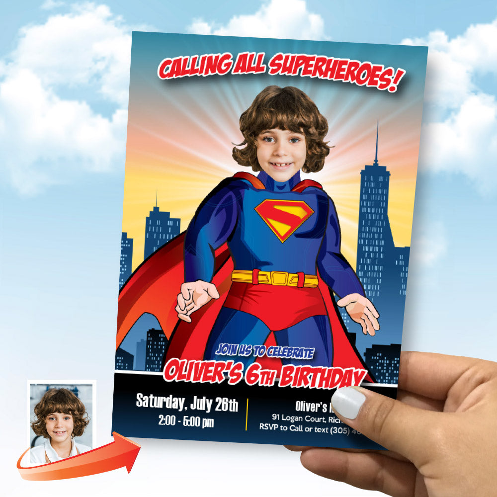 Personalized Superman Birthday party invitation with your kid as the star. 2308IN