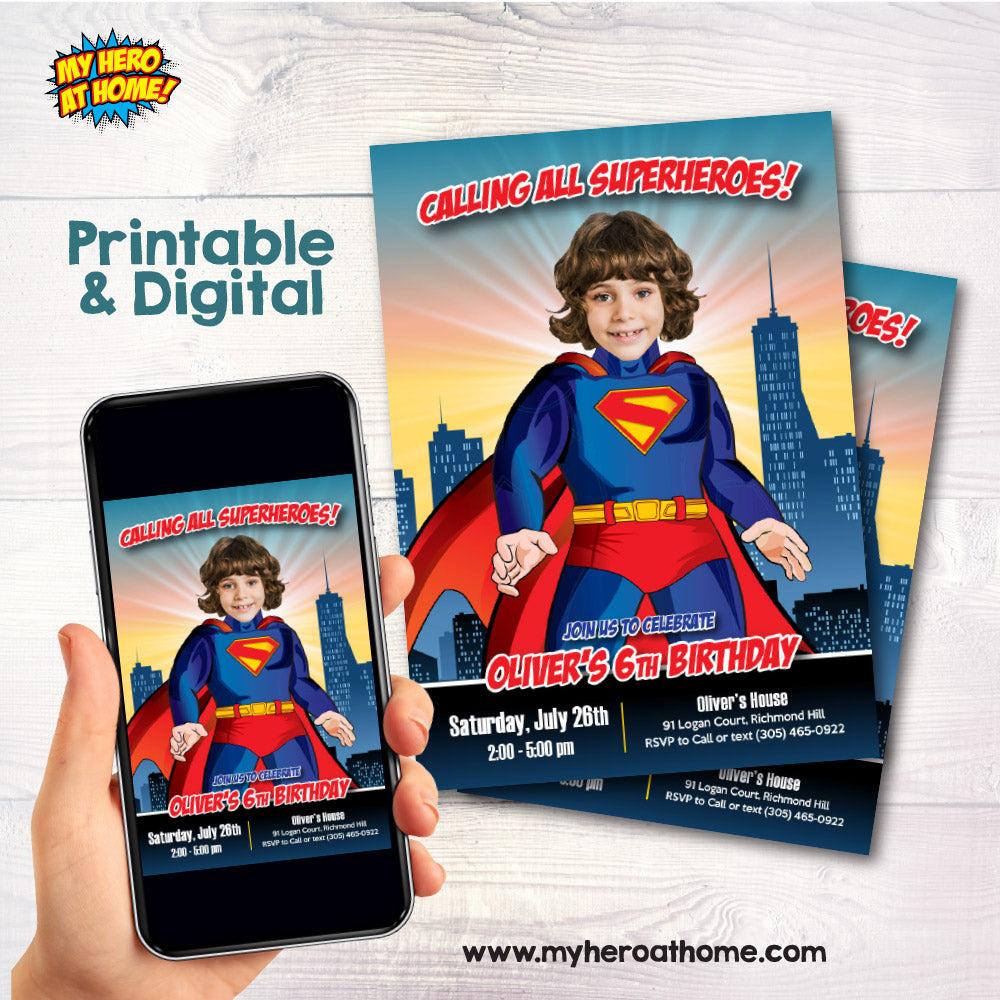 Personalized Superman Birthday party invitation with your kid as the star. 2308IN