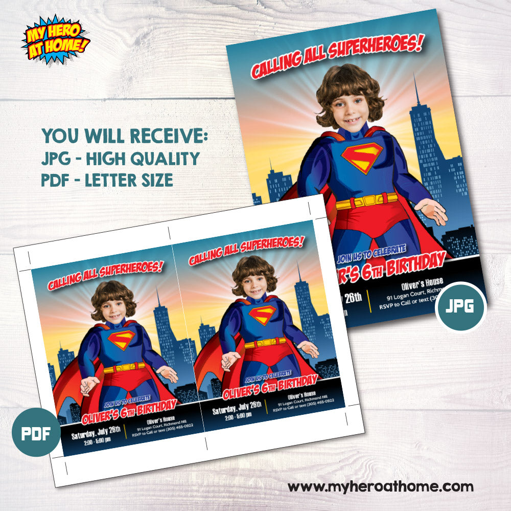 Personalized Superman Birthday party invitation with your kid as the star. 2308IN