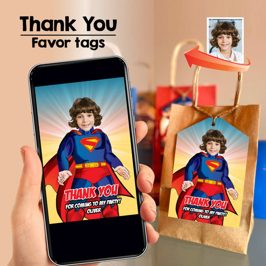Superman thank you with your kid as the star, Superman party favors tags. 2308TY