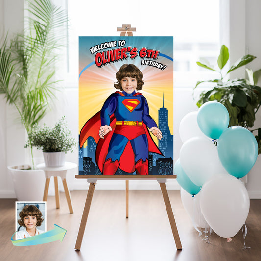 Birthday party setup with a Superman-themed backdrop and balloons in a room with plants.