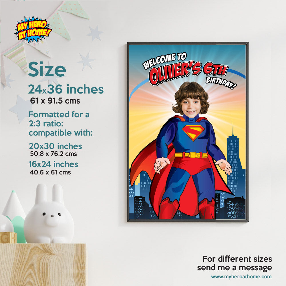 Superman Welcome sign with photo of your birthday boy as Superman. 2308WS