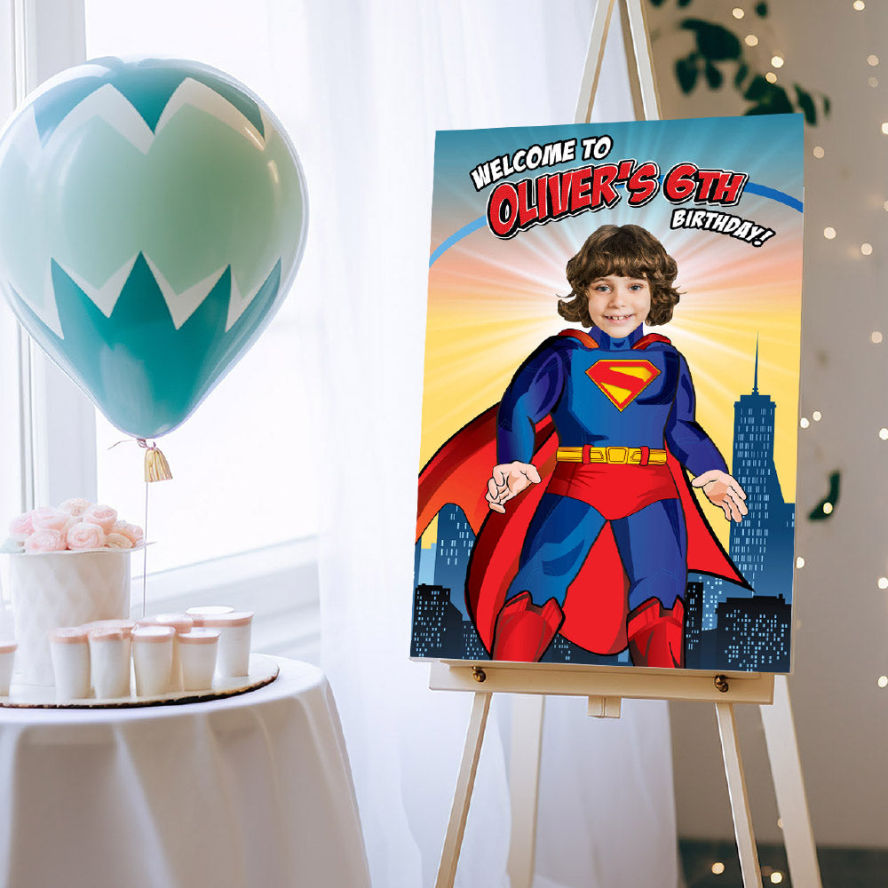 Superman Welcome sign with photo of your birthday boy as Superman. 2308WS