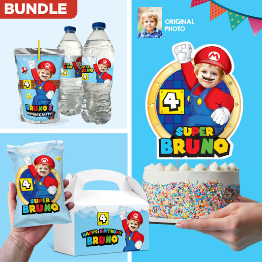 Bundle Super Mario Party table, Mario Photo Cake Topper, snacks labels, Chip bags, Gable box, drink labels. 2331B1