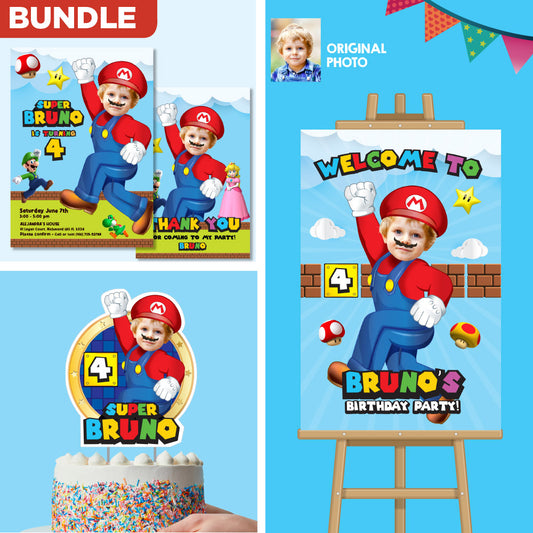 Bundle Super Mario Birthday matching items, Mario Invitation and Thank you with photo, Cake Topper and Welcome Sign. 2331B2