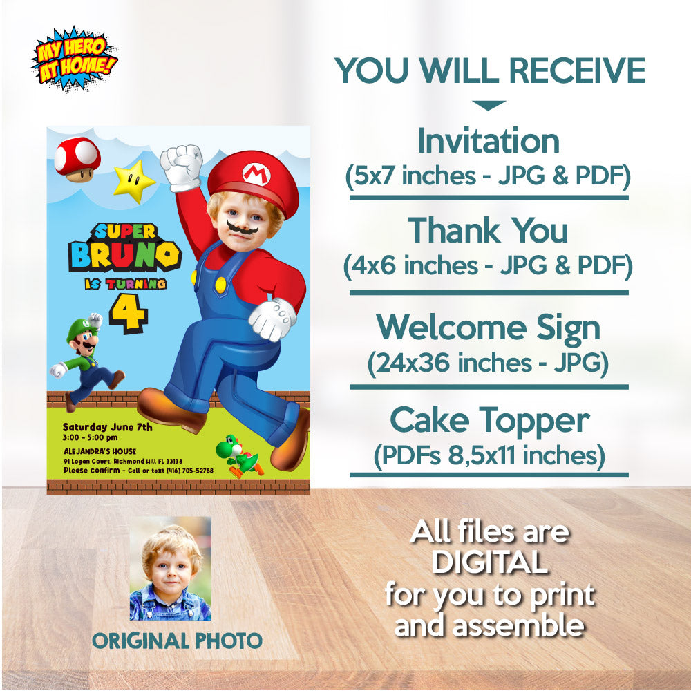Bundle Super Mario Birthday matching items, Mario Invitation and Thank you with photo, Cake Topper and Welcome Sign. 2331B2
